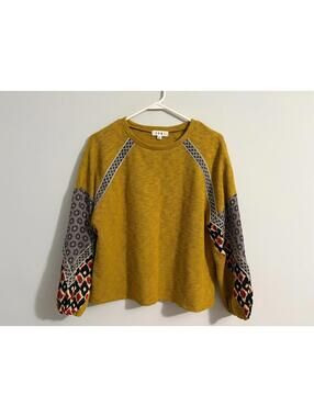 THML Ribbed Top Mustard Yellow Medium Patchwork Sleeves Decorative Trim Boho